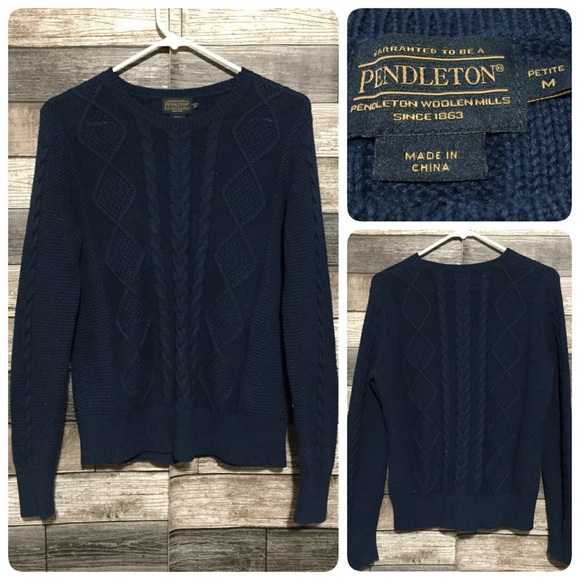 Pendleton Sweaters - Pendleton Fisherman Cable Knit Sweater Women M Petite Navy Blue Cotton Cashmere